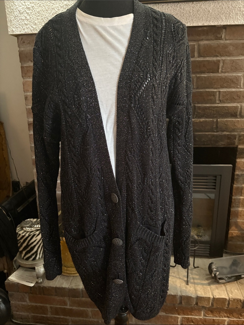 Free People Black Metallic Cable Knit Long Cardigan